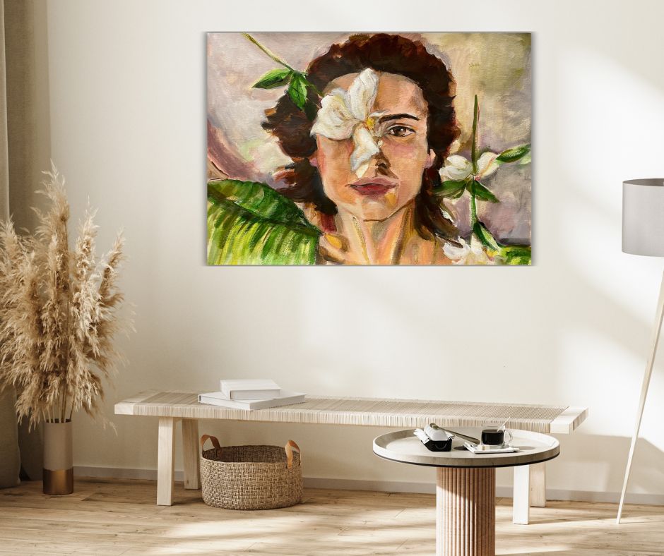 "Orchid Woman" – A delicate yet fierce canvas print by Ingela Johansson, symbolizing resilience and vulnerability, painted in acrylic to music.