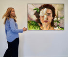 "Orchid Woman" – An expressive canvas print by Ingela Johansson, portraying a woman’s resilience and vulnerability, captured in delicate acrylic strokes.