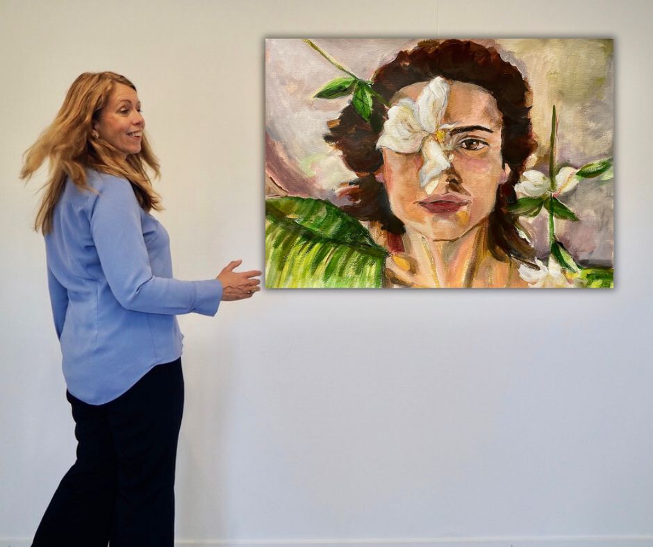 "Orchid Woman" – An expressive canvas print by Ingela Johansson, portraying a woman’s resilience and vulnerability, captured in delicate acrylic strokes.