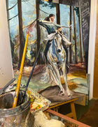 Work-in-progress of the original painting ‘Power’ by Swedish artist Ingela Johansson, showing the first layers of the woman on horseback in the artists studio in Karlstad.