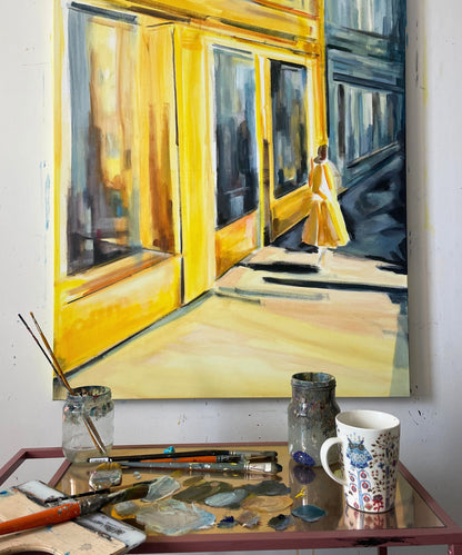 In-studio moment with “The Corner of Hope and Forgotten Dreams” on the easel. Light and shadow play across the partially completed painting as layers are built with intention.