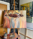 Part of thepainting process: textured brushstrokes  emerging as the figure takes form on the canvas of “Leap of Light.”