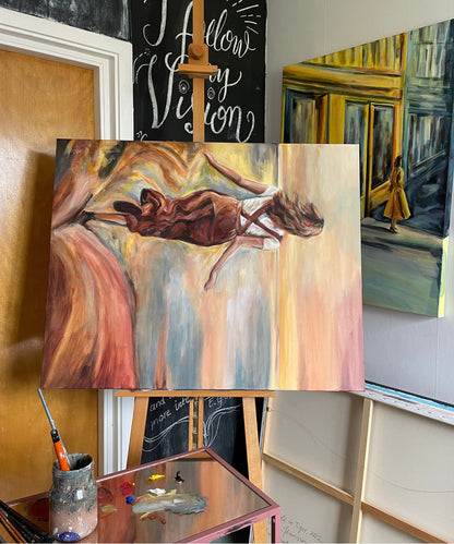 Part of thepainting process: textured brushstrokes  emerging as the figure takes form on the canvas of “Leap of Light.”