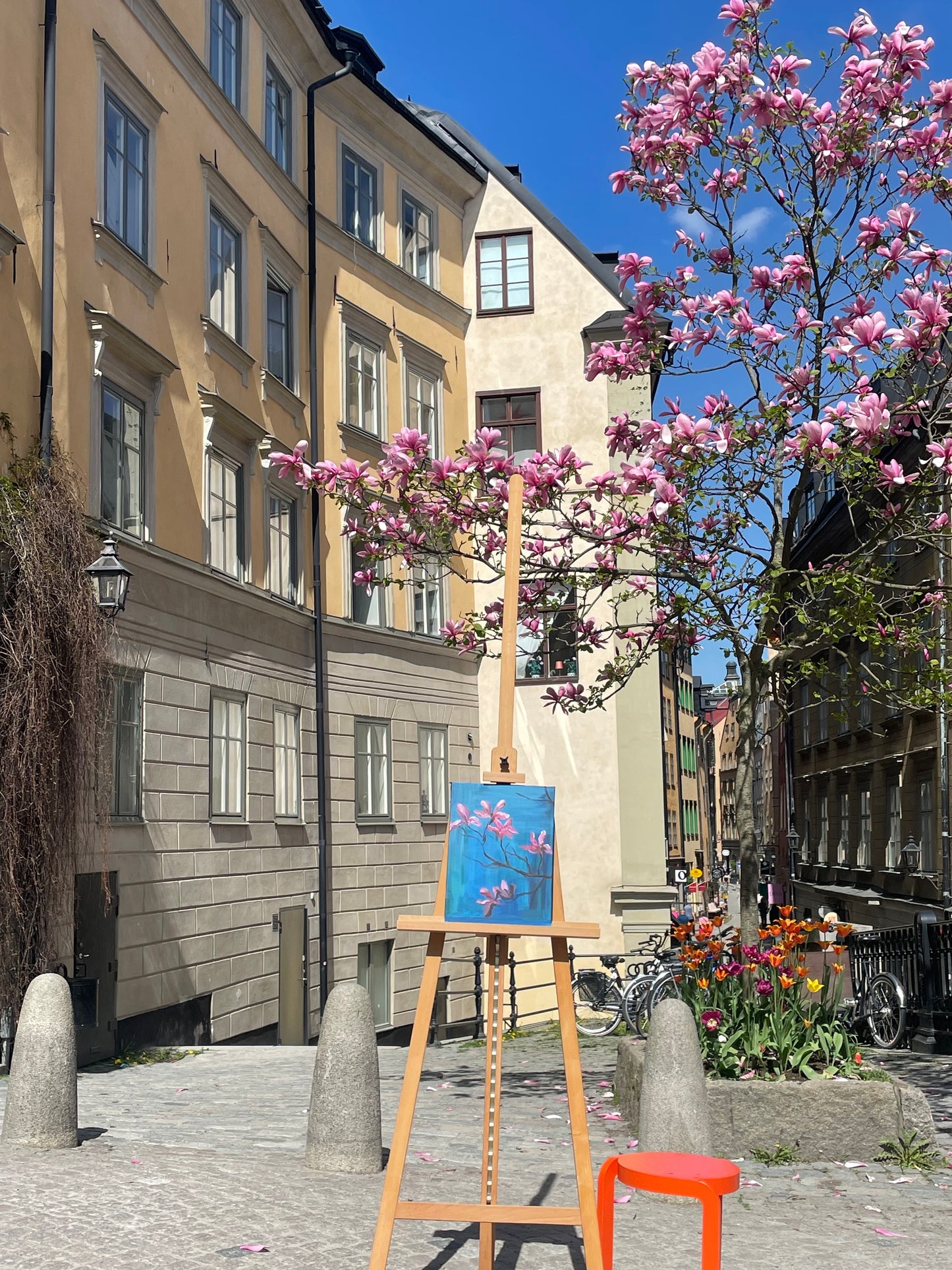 Painting Magnolia and Tulips in the Old Town of Stockholm, artist Ingela Johansson