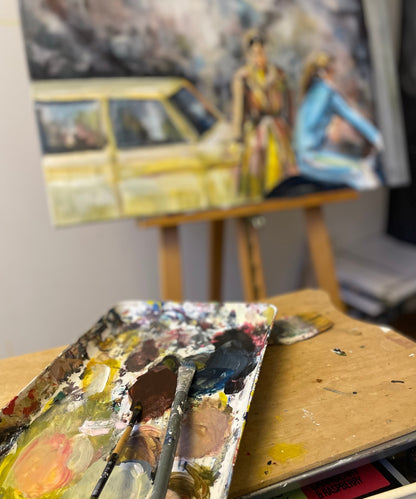 Ingela Johansson painting “The Almost Forgotten Art of Daydreaming” in her studio, capturing the essence of quiet movement and the Italian concept of la passeggiata.