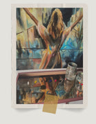 I Am Wild Possibility in progress in the studio of Swedish artist Ingela Johansson, with paint palette and brush jars