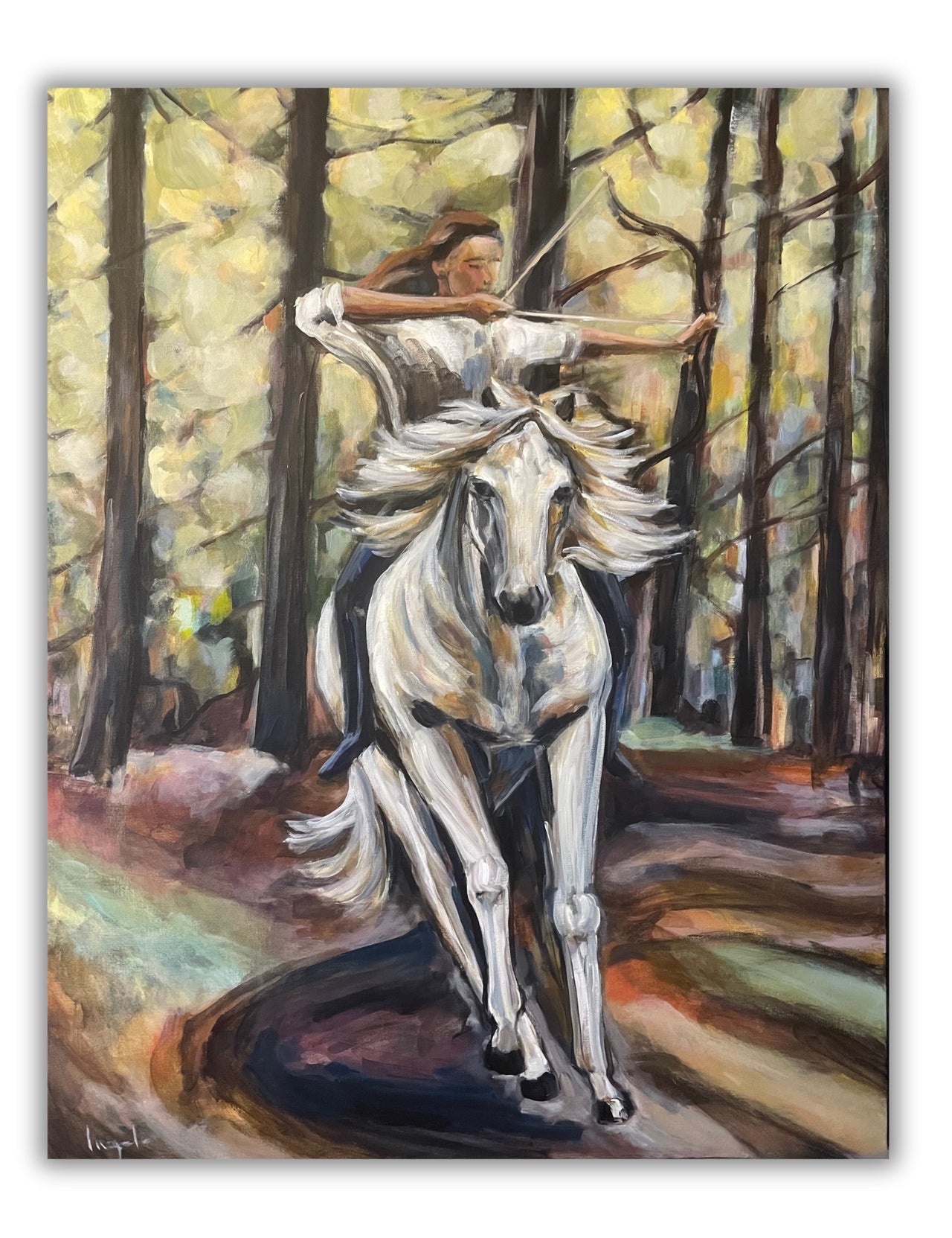 A photo of the original painting ‘Power’ by Nordic artist Ingela Johansson, showing a woman riding a powerful white horse through a glowing forest.