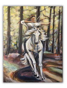 A photo of the original painting ‘Power’ by Nordic artist Ingela Johansson, showing a woman riding a powerful white horse through a glowing forest.