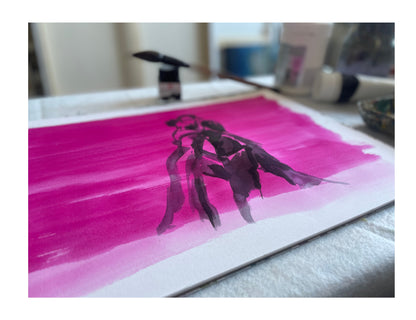 Expressive ink painting titled Float with Me, showing a tango couple in mid-motion, appearing to float together in a graceful embrace against a vivid pink background.