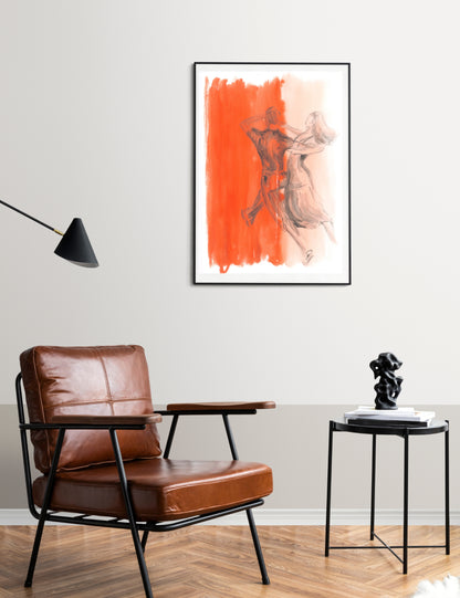 A minimalistic room with a framed fine art print of Puls ein motion by Ingela Johansson