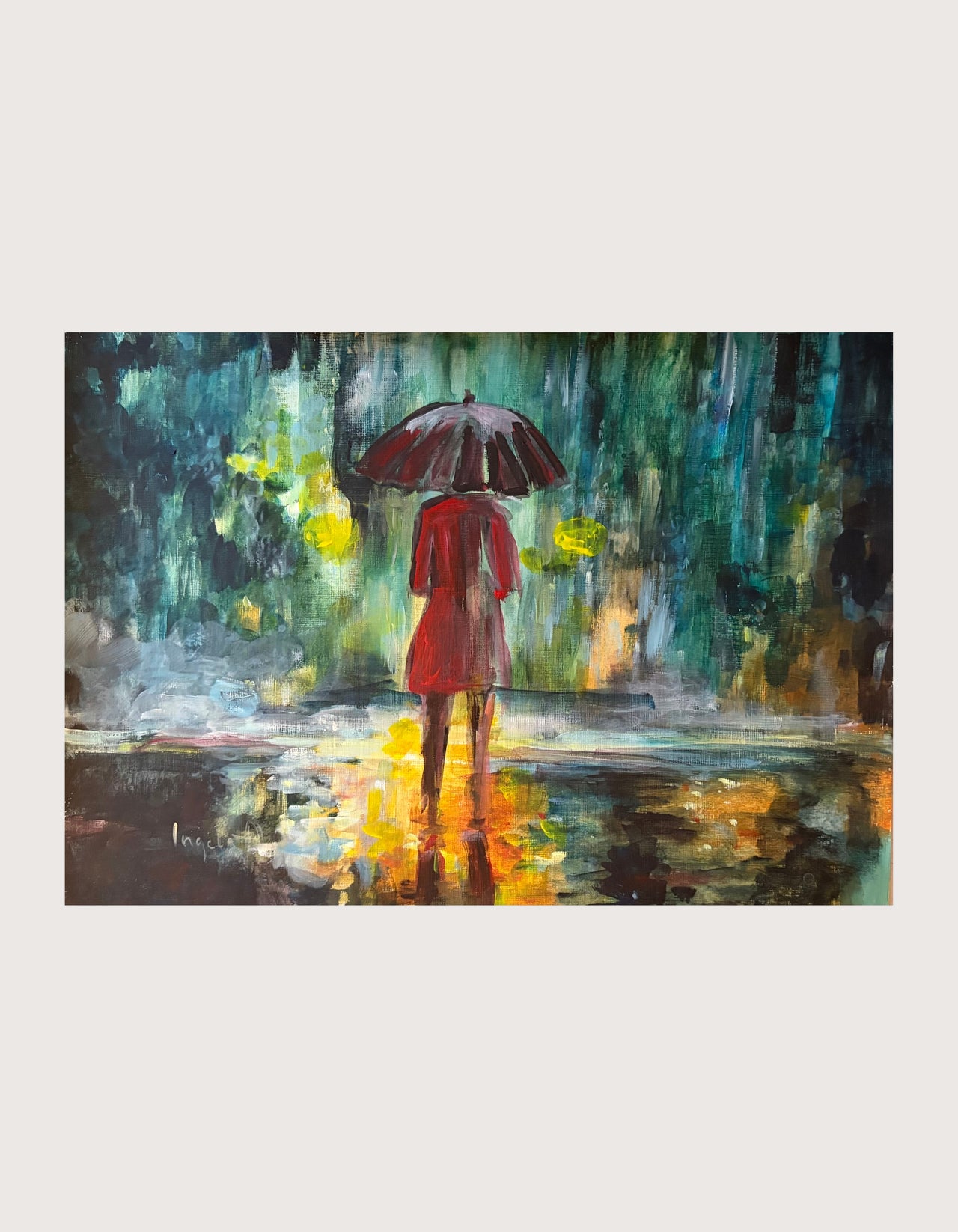 Original acrylic work on paper by Ingela Johansson featuring a woman in a red coat standing in the rain with an umbrella outside her home.