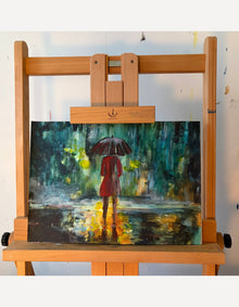 Original acrylic painting on paper by Ingela Johansson displayed on a wooden easel in the artist’s studio.