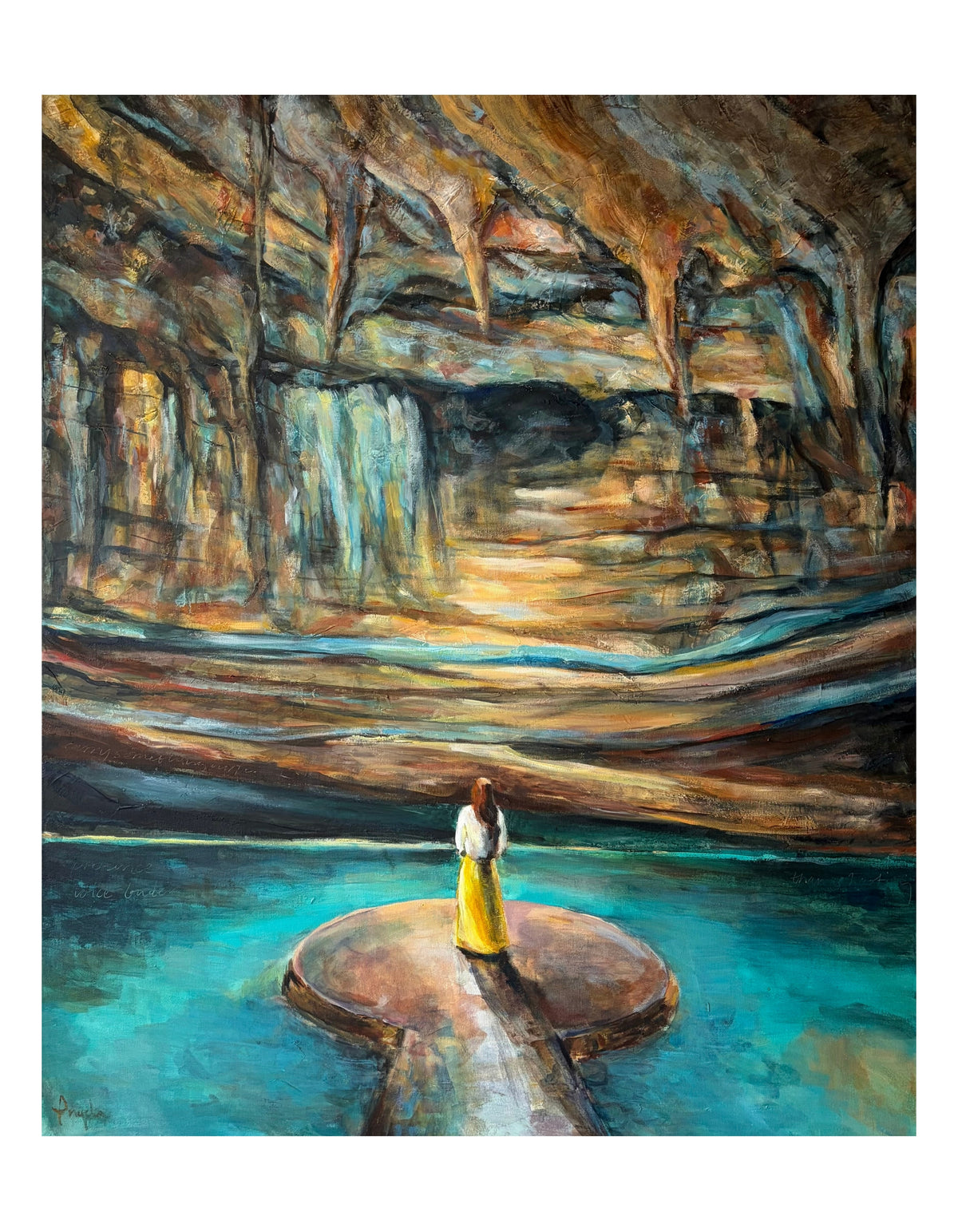 Rise, limited edition fine art print by Swedish artist Ingela Johansson – a woman in warm ochre and turquoise tones, a story about finding her voice