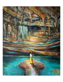 Rise, limited edition fine art print by Swedish artist Ingela Johansson – a woman in warm ochre and turquoise tones, a story about finding her voice