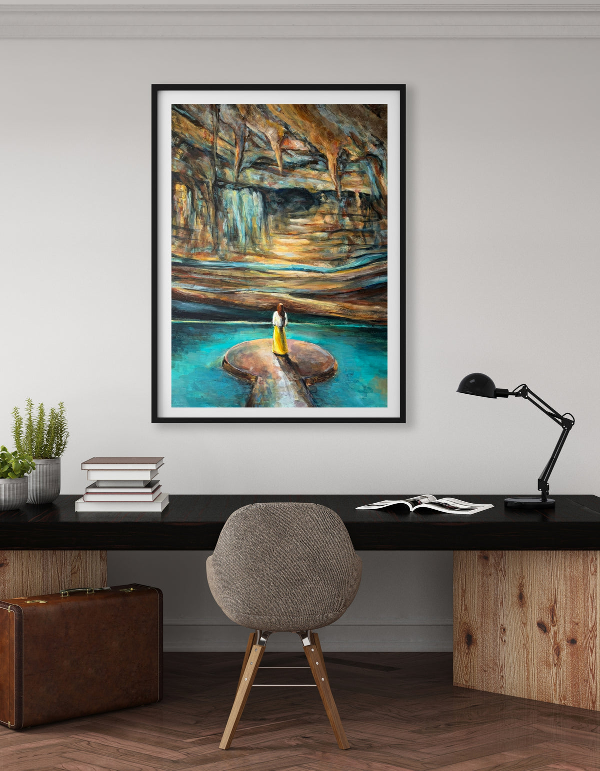 Rise fine art print by Swedish artist Ingela Johansson, framed on the wall of a home office