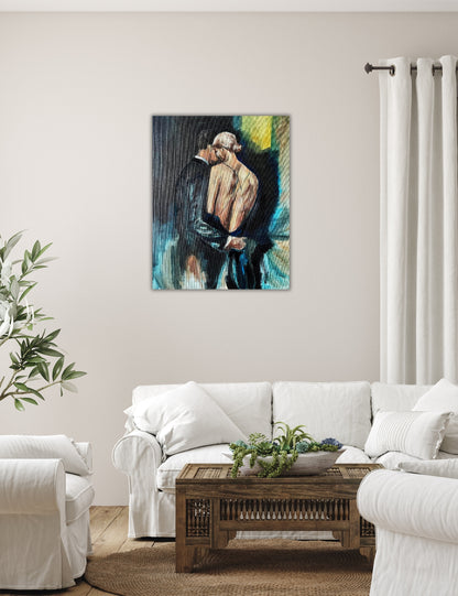 Semi-abstract artwork ‘Before’ with deep blue-black tones, showing the gentle touch of a man on a woman’s lower back in a moment of anticipation. In a Scandinavian living room.