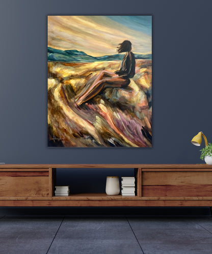 “Soaking in Possibility” original acrylic painting by Ingela Johansson displayed on a dark grey wall – a striking contrast that highlights the artwork’s depth and warmth.