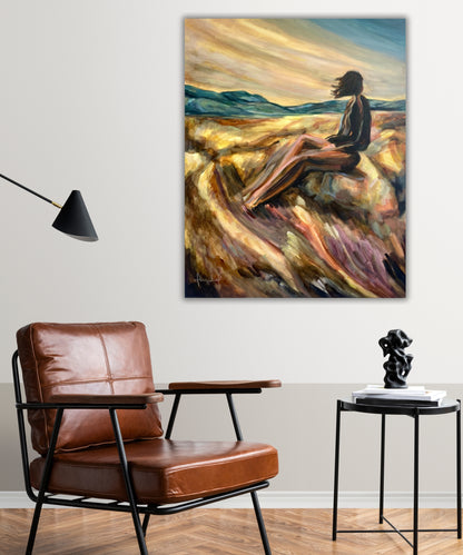“Soaking in Possibility” original artwork displayed in a modern interior – calming acrylic painting in warm, earthy tones.