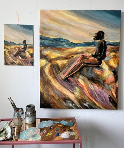 Artist Ingela Johansson painting “Soaking in Possibility” in her studio – expressive acrylic art in progress on cotton canvas.