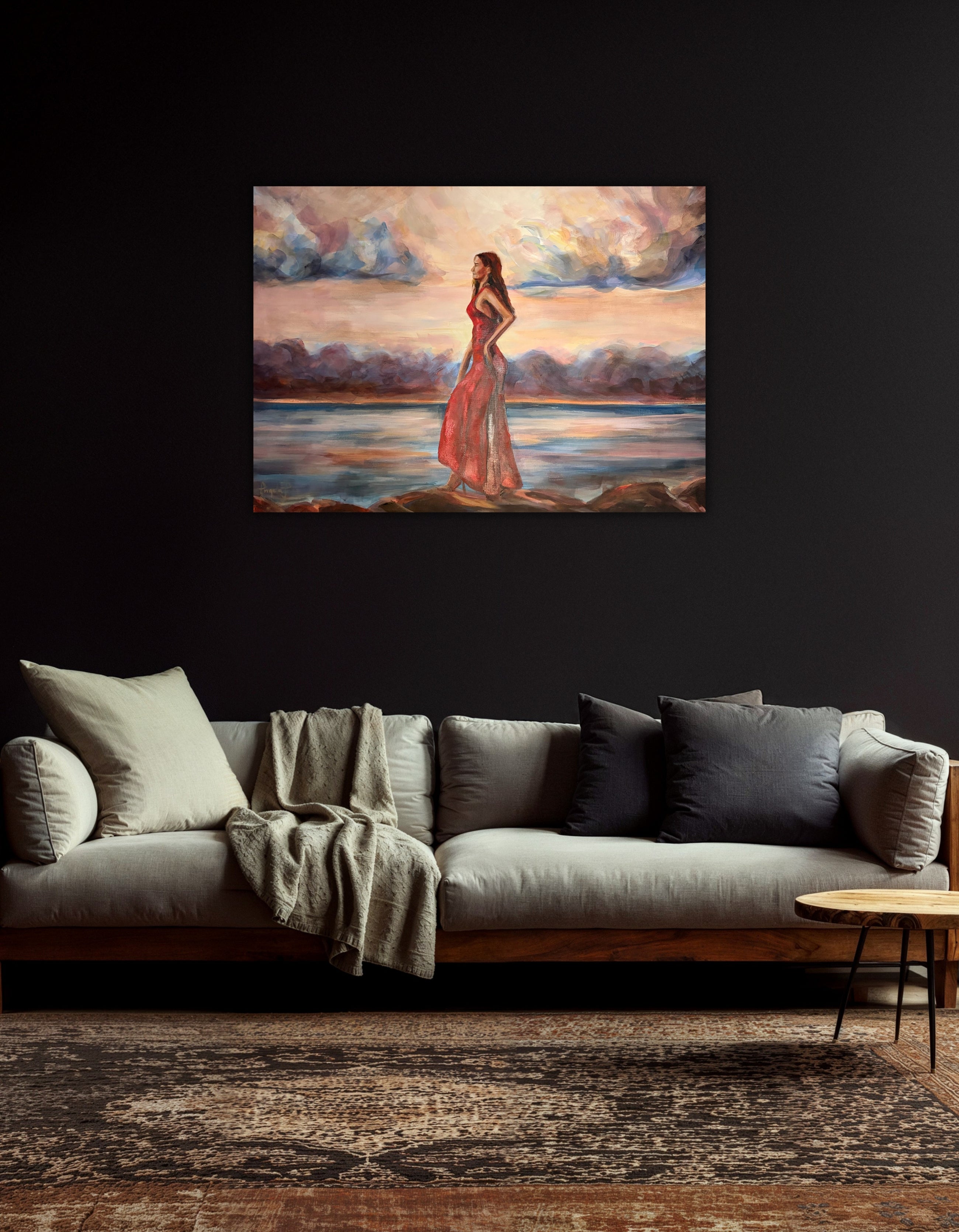 Sovereign in Red by Ingela Johansson in an interior setting – figurative acrylic painting, RED Collection 2026