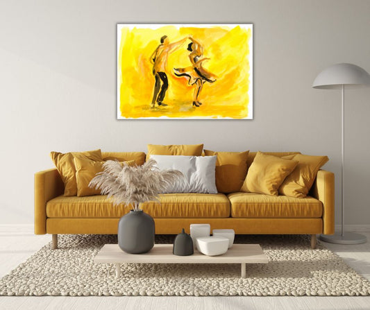 Dancers collection canvas print, 'Spin me round,' by Ingela Johansson, styled above a sofa to brighten and energize the space.