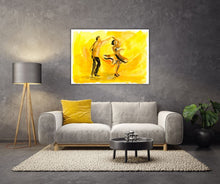 Canvas print of 'Spin me round" by artist Ingela Johansson, showcasing vibrant dancers in motion, in a modern grpahic style
