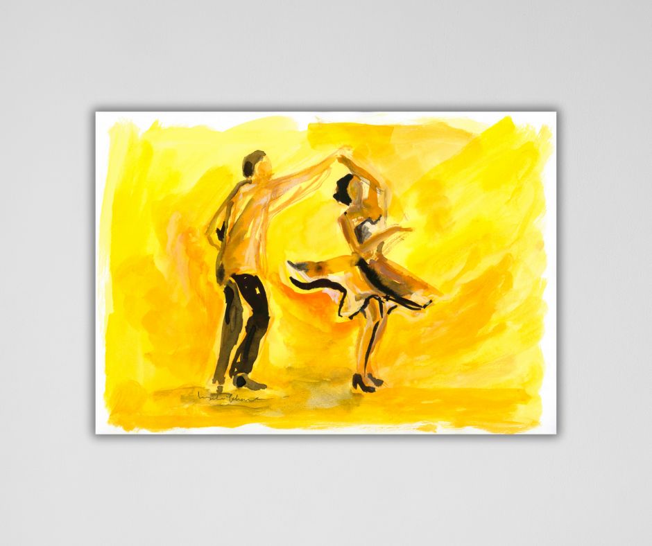 Canvas print of 'Spin me round" by artist Ingela Johansson, showcasing vibrant dancers in motion, stretched over a wooden frame and ready to hang.