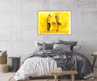 "Spin me round" Print Displayed Above a Bed: The artwork  styled above a bed, adding warmth and happiness to the bedroom decor.