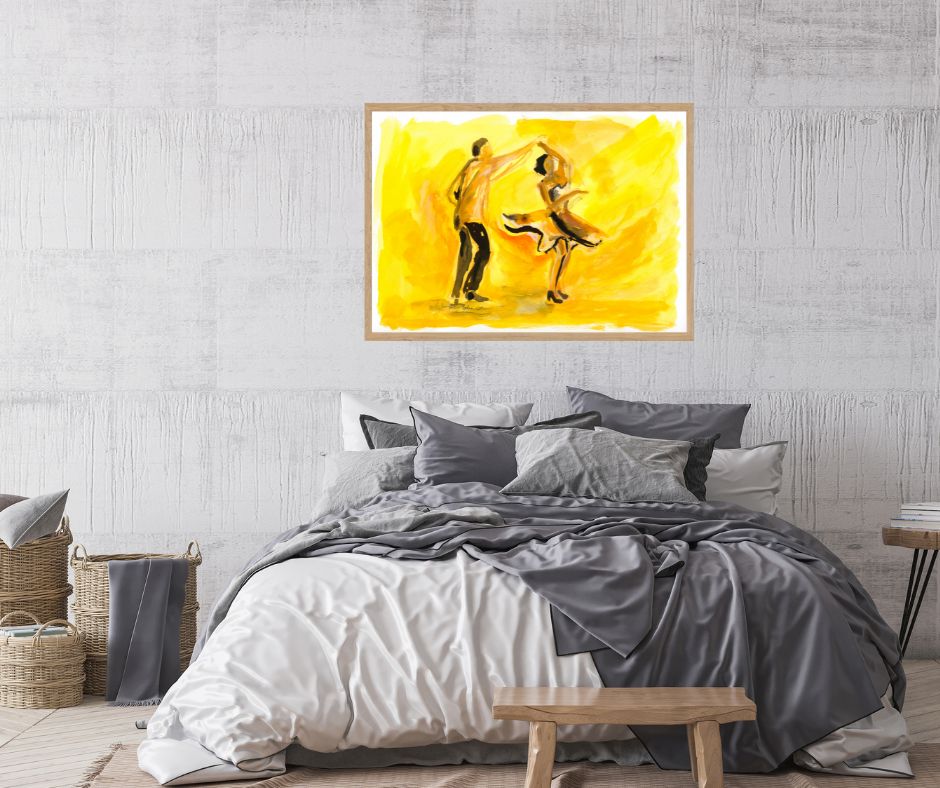 "Spin me round" Print Displayed Above a Bed: The artwork  styled above a bed, adding warmth and happiness to the bedroom decor.