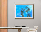 Framed art print of Spinning in Sync displayed in a modern Scandinavian interior. The painting features a couple dancing with energy and rhythm against a vibrant blue background, evoking movement and connection.