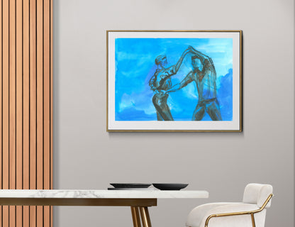 Framed art print of Spinning in Sync displayed in a modern Scandinavian interior. The painting features a couple dancing with energy and rhythm against a vibrant blue background, evoking movement and connection.