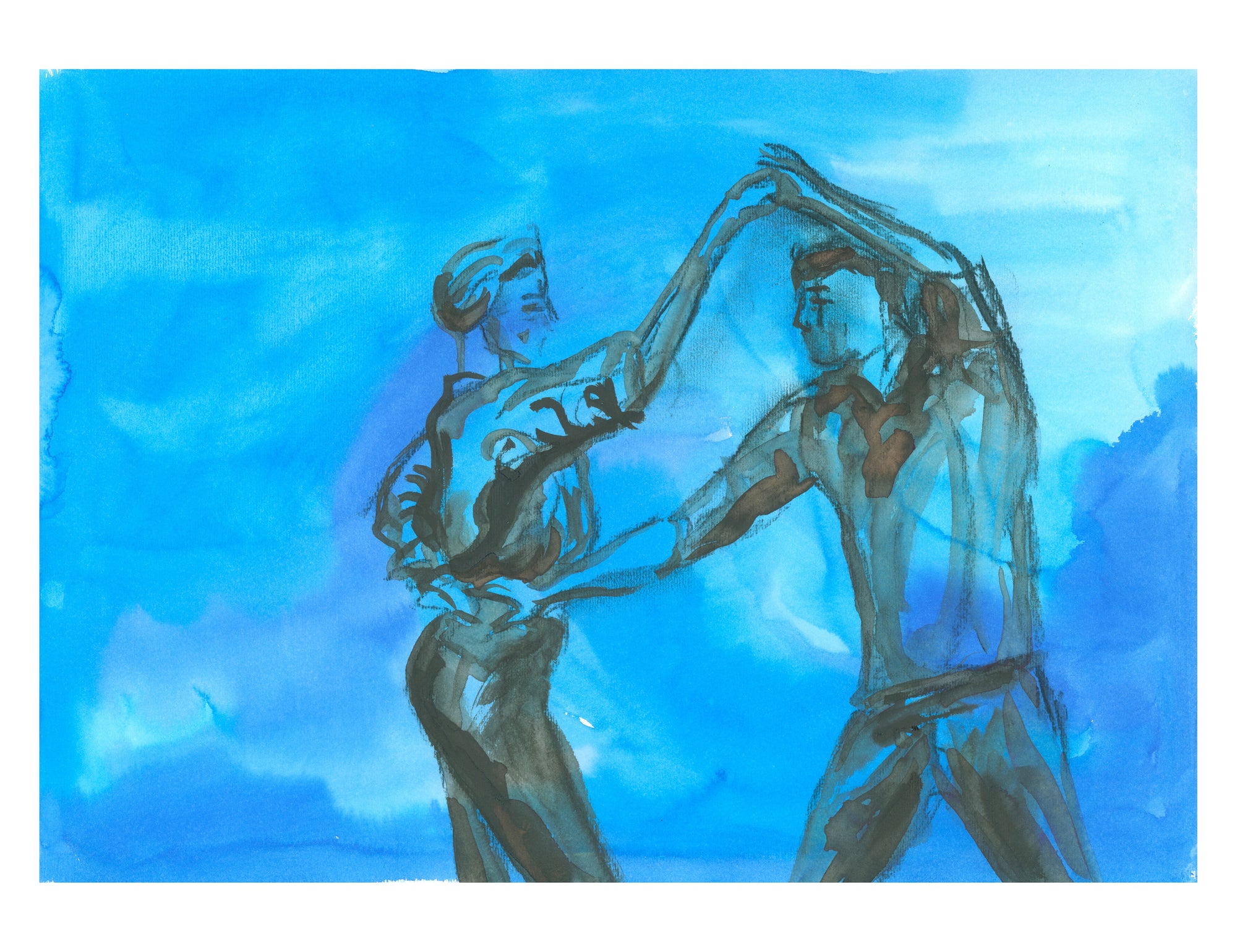Expressive ink painting titled Spinning in Sync, showing a dancing couple mid-spin in a joyful swing or rock ’n’ roll motion. The background is painted in dynamic blue hues.