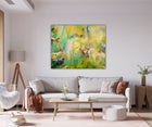 An ethereal and colorful abstract piece by Ingela Johansson, "Springtime" radiates soft greens, warm yellows, and hints of floral pink, evoking the joyful spirit of spring.