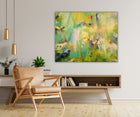 "Springtime" – A semi-abstract artwork by Swedish artist Ingela Johansson, filled with soft spring colors and vibrant green tones, evoking the fresh energy of the season.