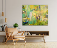 "Springtime" – A semi-abstract artwork by Swedish artist Ingela Johansson, filled with soft spring colors and vibrant green tones, evoking the fresh energy of the season.