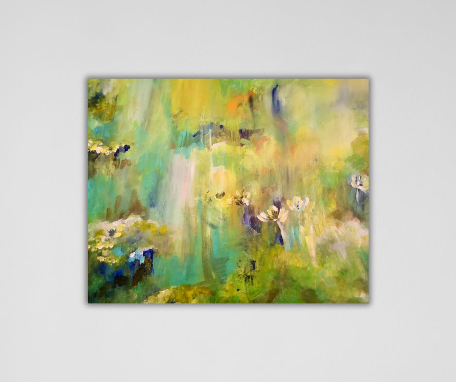 "Springtime" – A semi-abstract artwork by Swedish artist Ingela Johansson, filled with soft spring colors and vibrant green tones, evoking the fresh energy of the season.