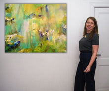 An ethereal artwork by Swedish artist Ingela Johansson, "Springtime" bursts with soft greens, yellows, and pinks, evoking the energy and beauty of spring in an abstract composition.