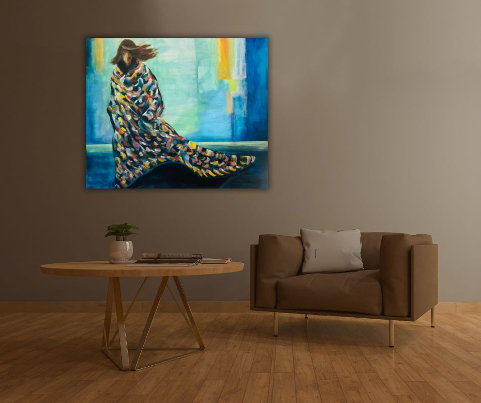 "Storm" – A semi-abstract artwork by Ingela Johansson, featuring a woman wrapped in color after enduring a storm, set against a deep blue background.