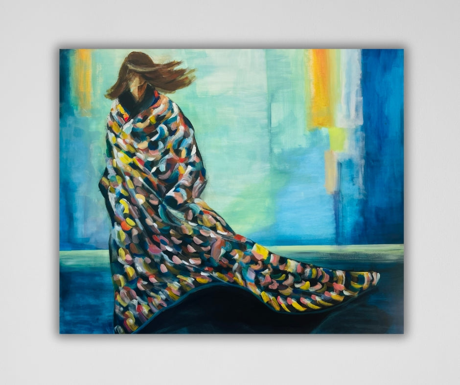 Expressive painting "Storm" by Ingela Johansson, showing a woman in a warm, colorful blanket against an abstract blue-toned backdrop. Limited edition print.