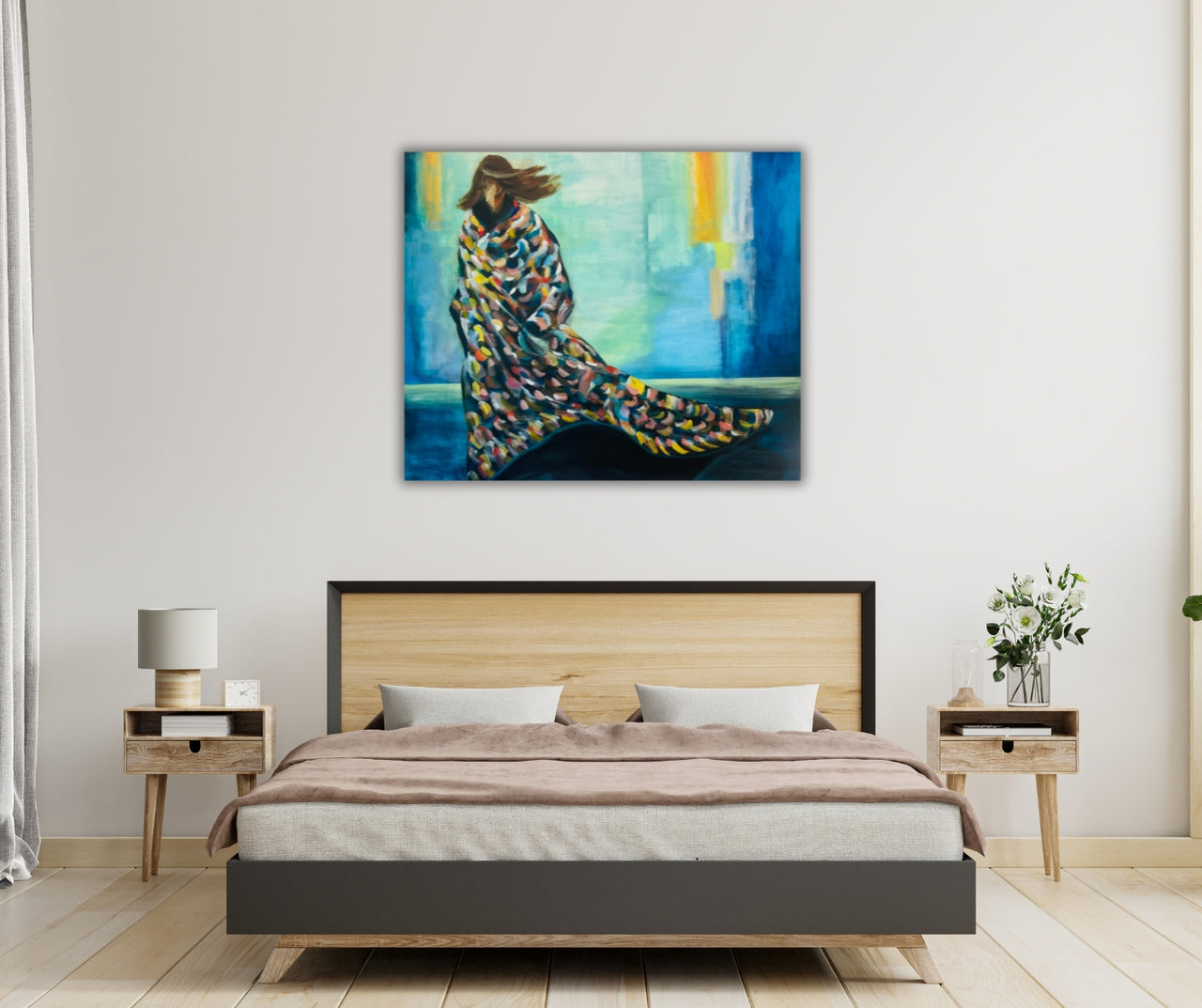 "Storm" – A limited edition canvas print by Ingela Johansson of a woman wrapped in a colorful blanket, after a storm, with an abstract blue-toned background.