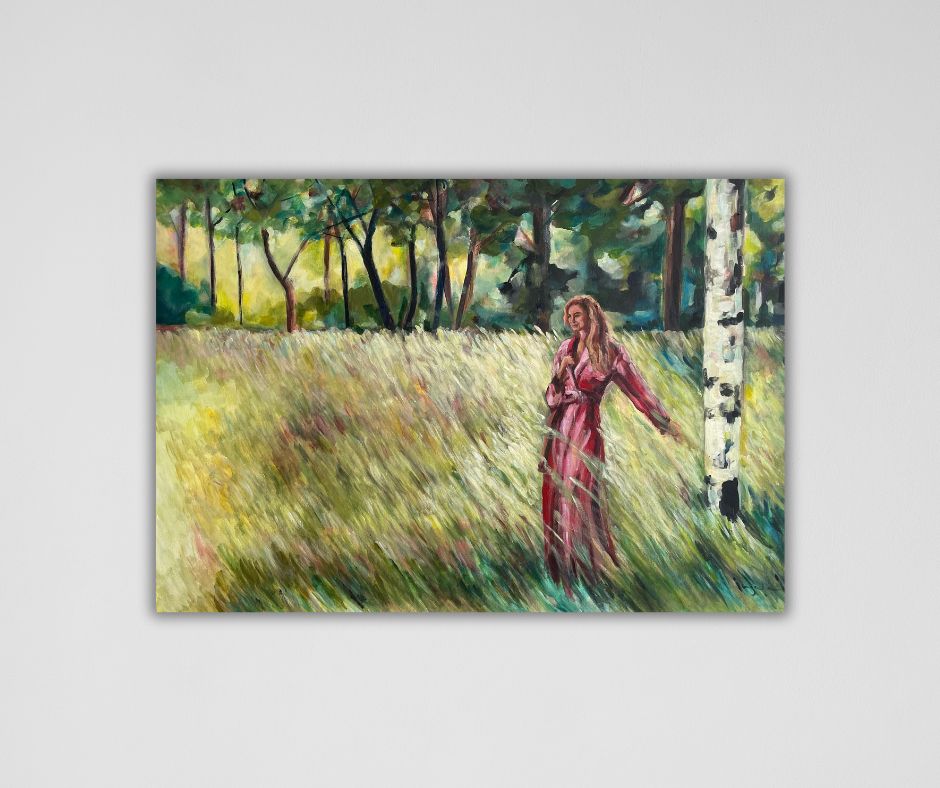 "Summer Field" – A dreamy and expressive canvas print by Ingela Johansson, where a woman in a vibrant red dress stands in a sunlit field at dusk, capturing the beauty of solitude and nature.