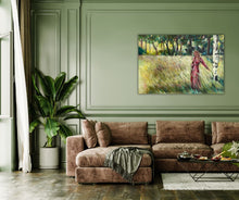 An atmospheric canvas print of "Summer Field" by Swedish artist Ingela Johansson, showcasing a woman in a bold red dress standing in nature, embraced by the fading light of a summer evening.