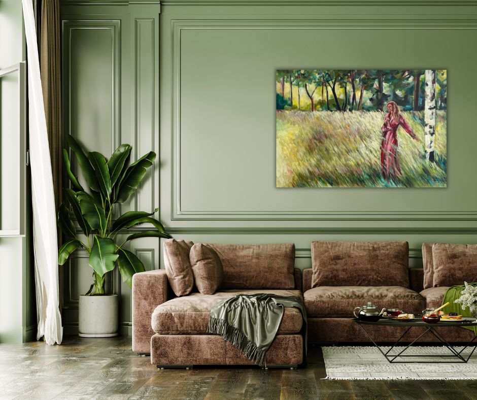 An atmospheric canvas print of "Summer Field" by Swedish artist Ingela Johansson, showcasing a woman in a bold red dress standing in nature, embraced by the fading light of a summer evening.