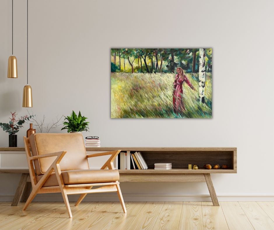 "Summer Field" – A canvas print of an expressive painting by Swedish artist Ingela Johansson, featuring a woman in a flowing red dress standing in a vast field, bathed in warm evening light.
