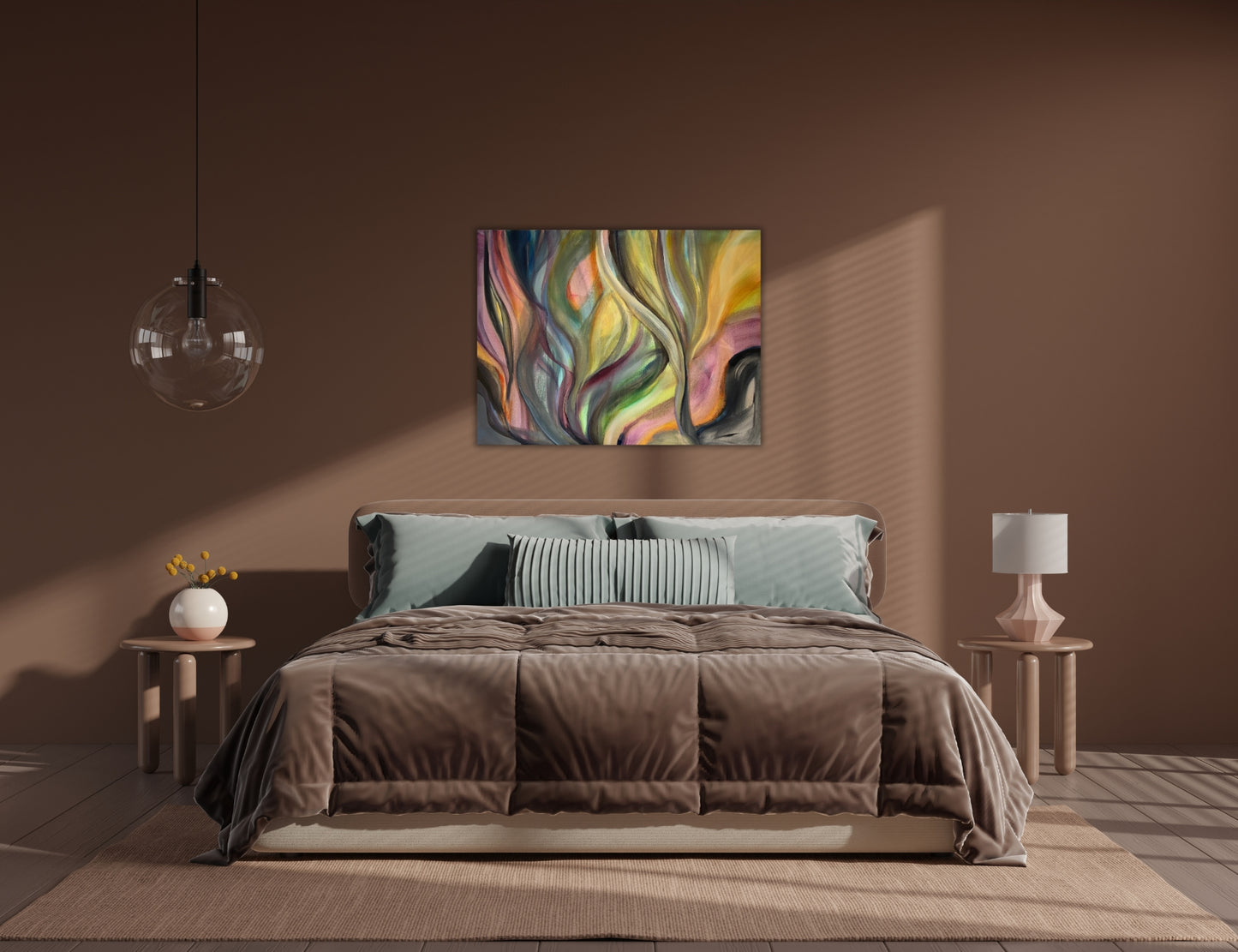Abstract painting ‘Currents’ with soft expressive brushstrokes and organic flowing forms by Swedish artist Ingela Johansson in a bedroom.