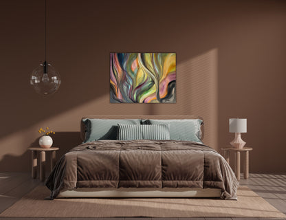 Abstract painting ‘Currents’ with soft expressive brushstrokes and organic flowing forms by Swedish artist Ingela Johansson in a bedroom.