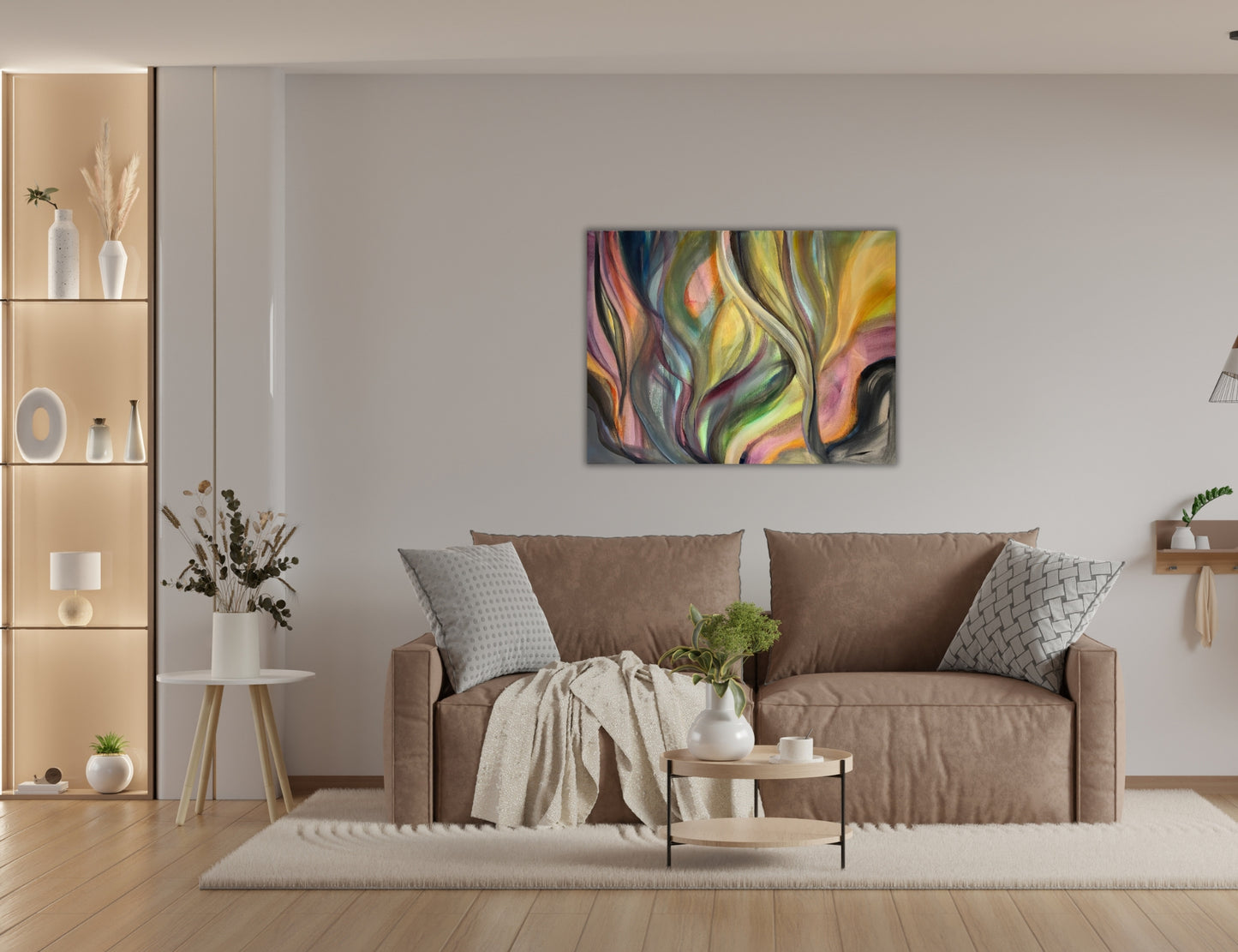 Currents’ – abstract artwork featuring gentle movement, layered textures, and organic shapes in a soothing, expressive composition in a living room.