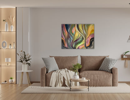 Currents’ – abstract artwork featuring gentle movement, layered textures, and organic shapes in a soothing, expressive composition in a living room.