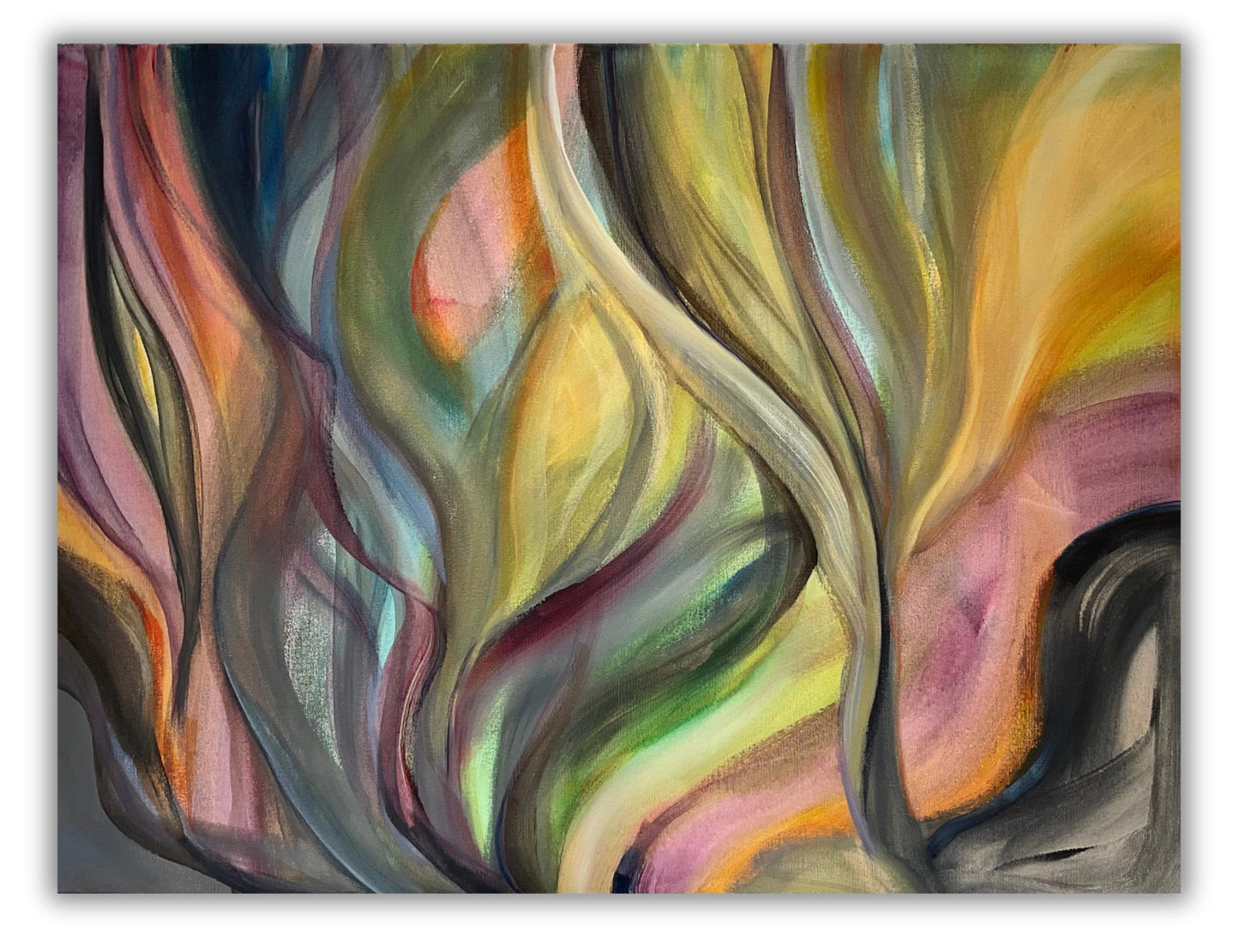 Currents’ – abstract artwork featuring gentle movement, layered textures, and organic shapes in a soothing, expressive composition.