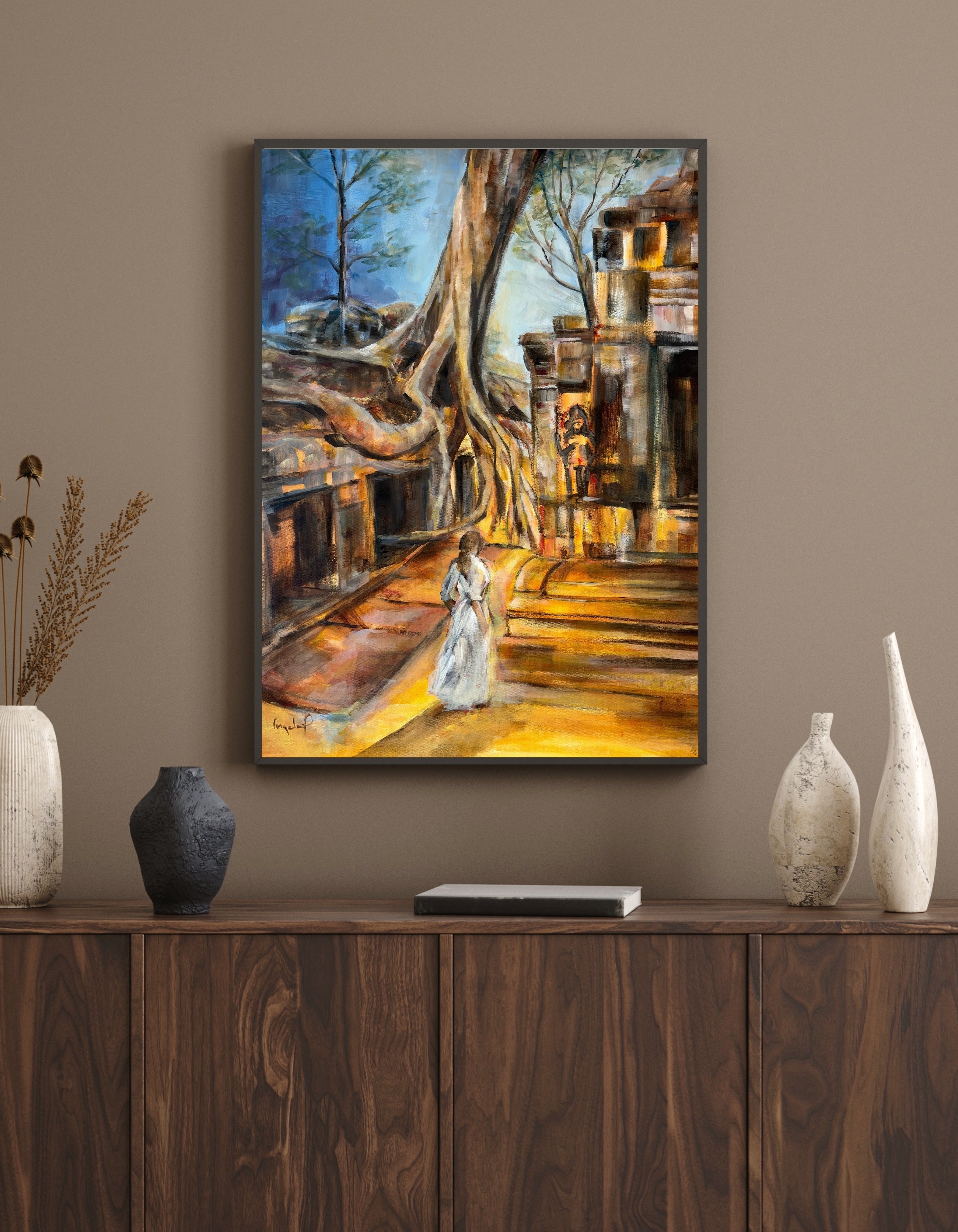 The Temple of Tomorrow semi-abstract fine art print on paper in interior – Red Collection